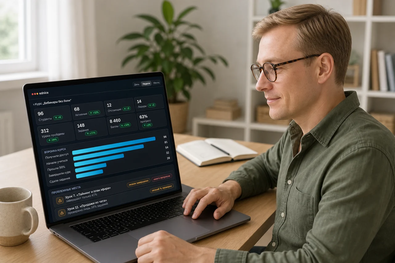 An author reviewing course analytics in the cabinet