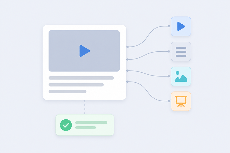 A single lesson: video and text inside the lesson, the available material types next to it — video, text, image, presentation — and a separate assignment attached to the lesson
