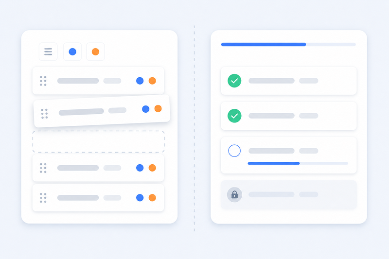 The same outline in two views: on the left the author's editor with draggable lessons, on the right the student's list with completed lessons marked and a progress bar